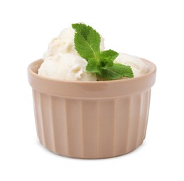 Photo of Delicious vanilla ice cream and mint leaves in bowl isolated on white