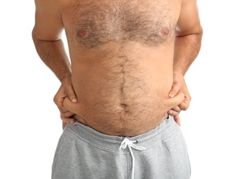 Overweight man on white background, closeup view