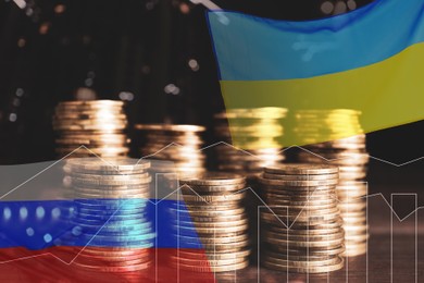 Image of Multiple exposure of Ukrainian, Russian flags and coins