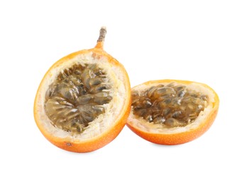 Halves of delicious ripe granadilla isolated on white