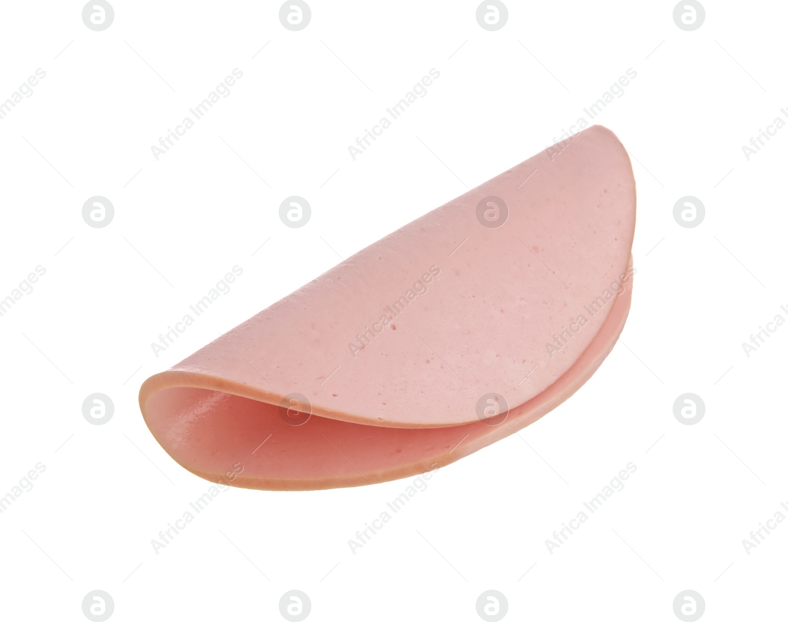 Photo of Slice of tasty boiled sausage isolated on white