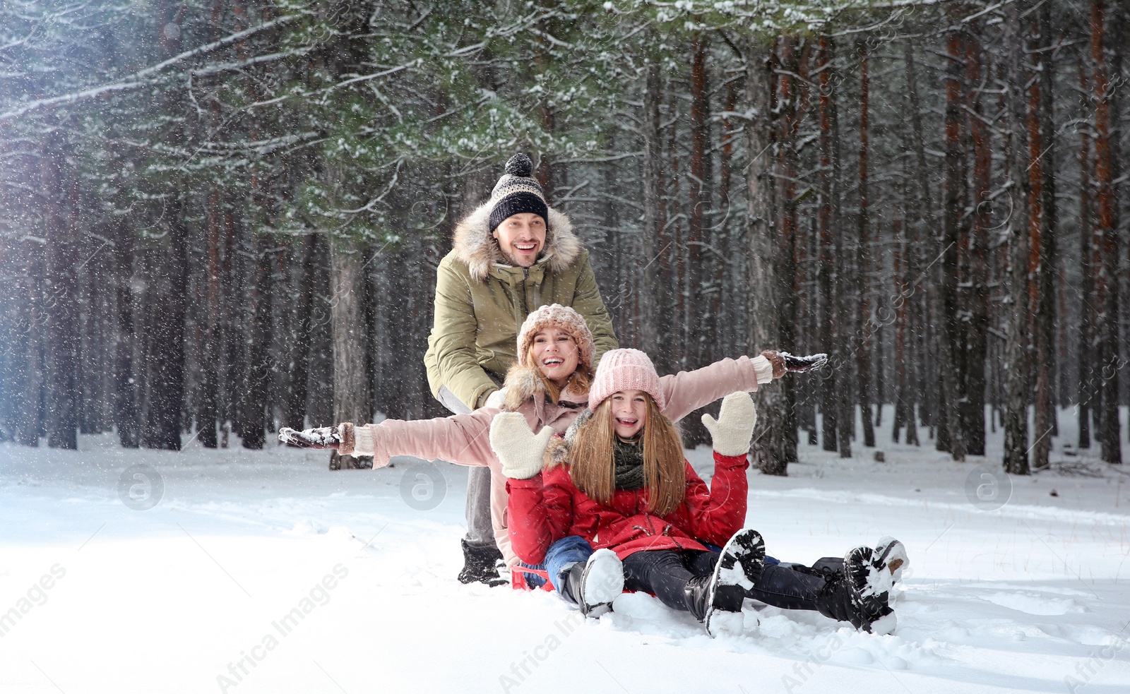 Photo of Happy family sledding in forest on snow day