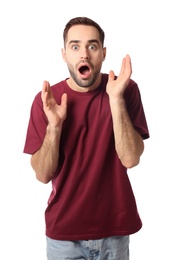 Photo of Portrait of emotional handsome man on white background