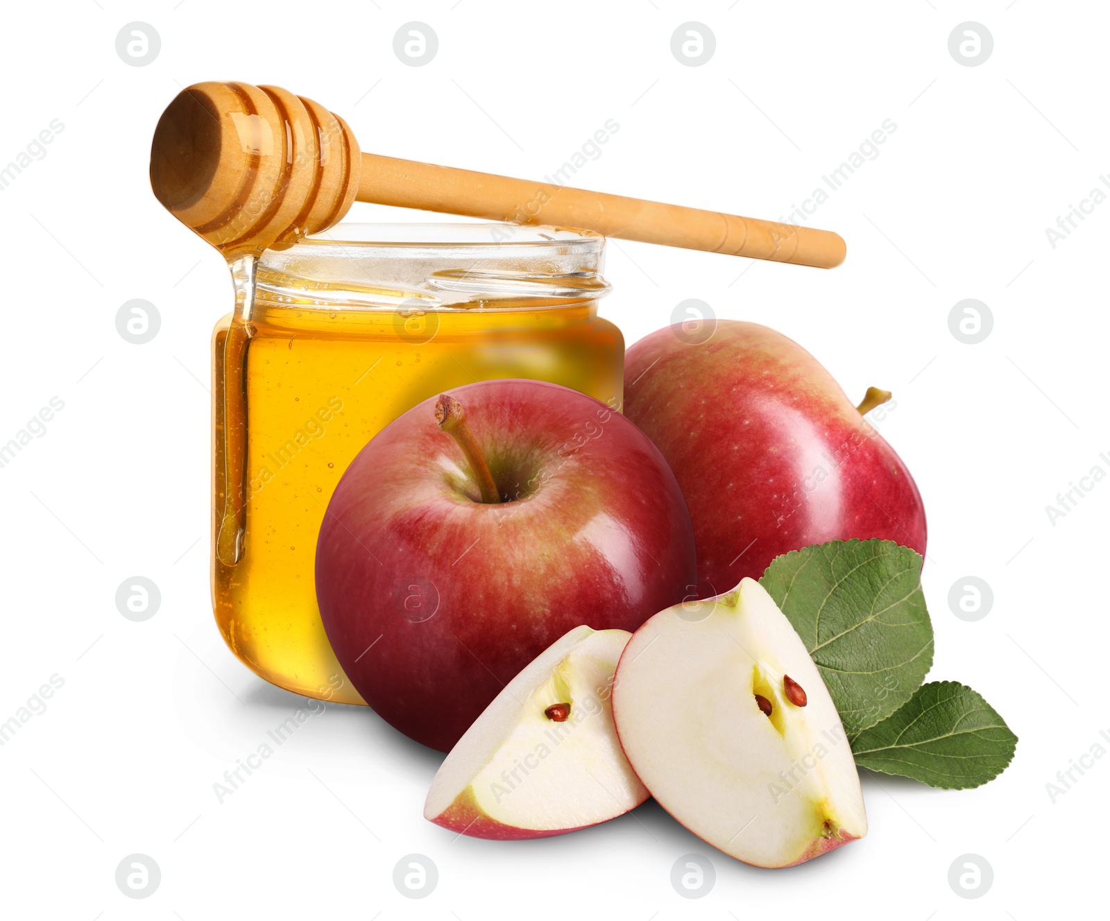 Image of Honey in glass jar, apples and dipper isolated on white