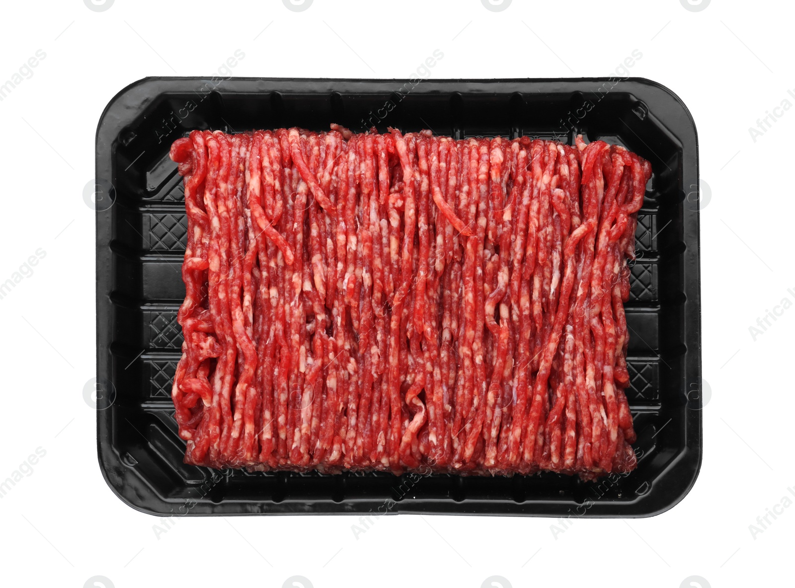 Photo of Fresh raw minced meat on white background, top view