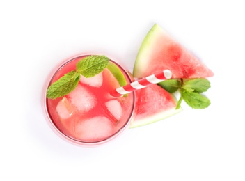 Photo of Tasty refreshing drink with watermelon on white background, top view