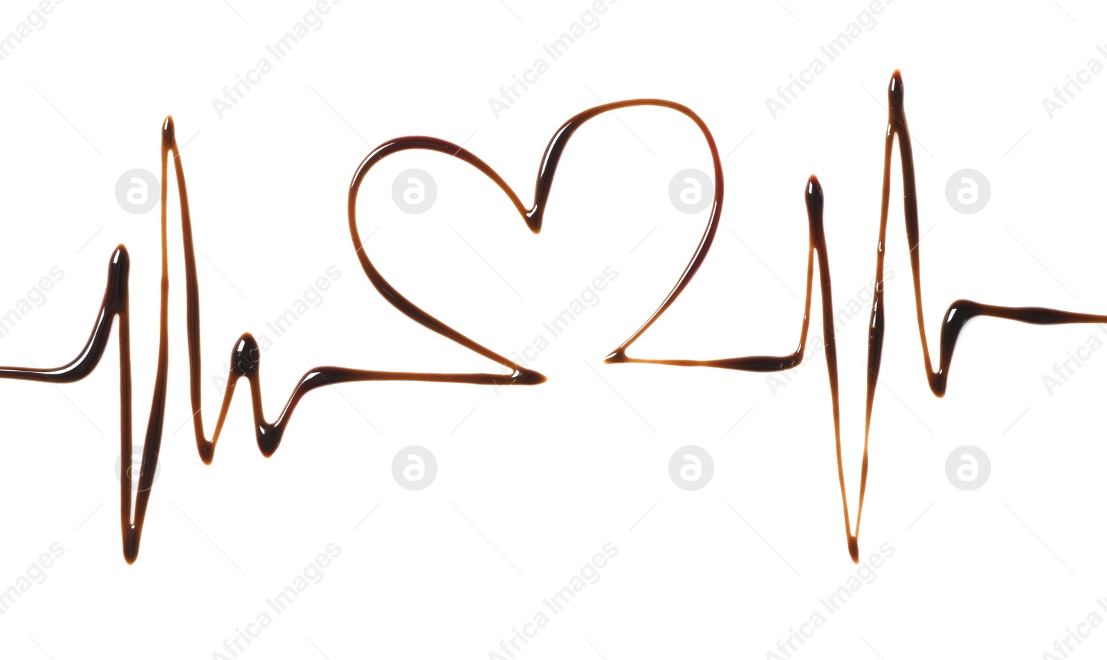 Photo of Heart and cardiac rhythm drawn with dark chocolate on white background, top view