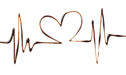 Photo of Heart and cardiac rhythm drawn with dark chocolate on white background, top view