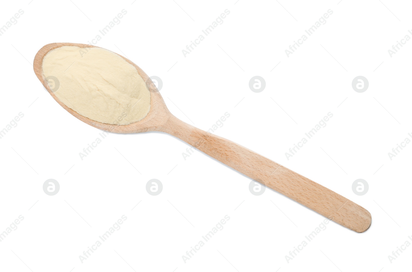 Photo of Wooden spoon of agar-agar powder isolated on white, top view