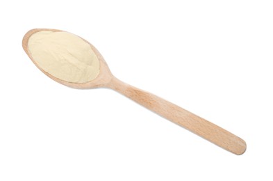 Photo of Wooden spoon of agar-agar powder isolated on white, top view