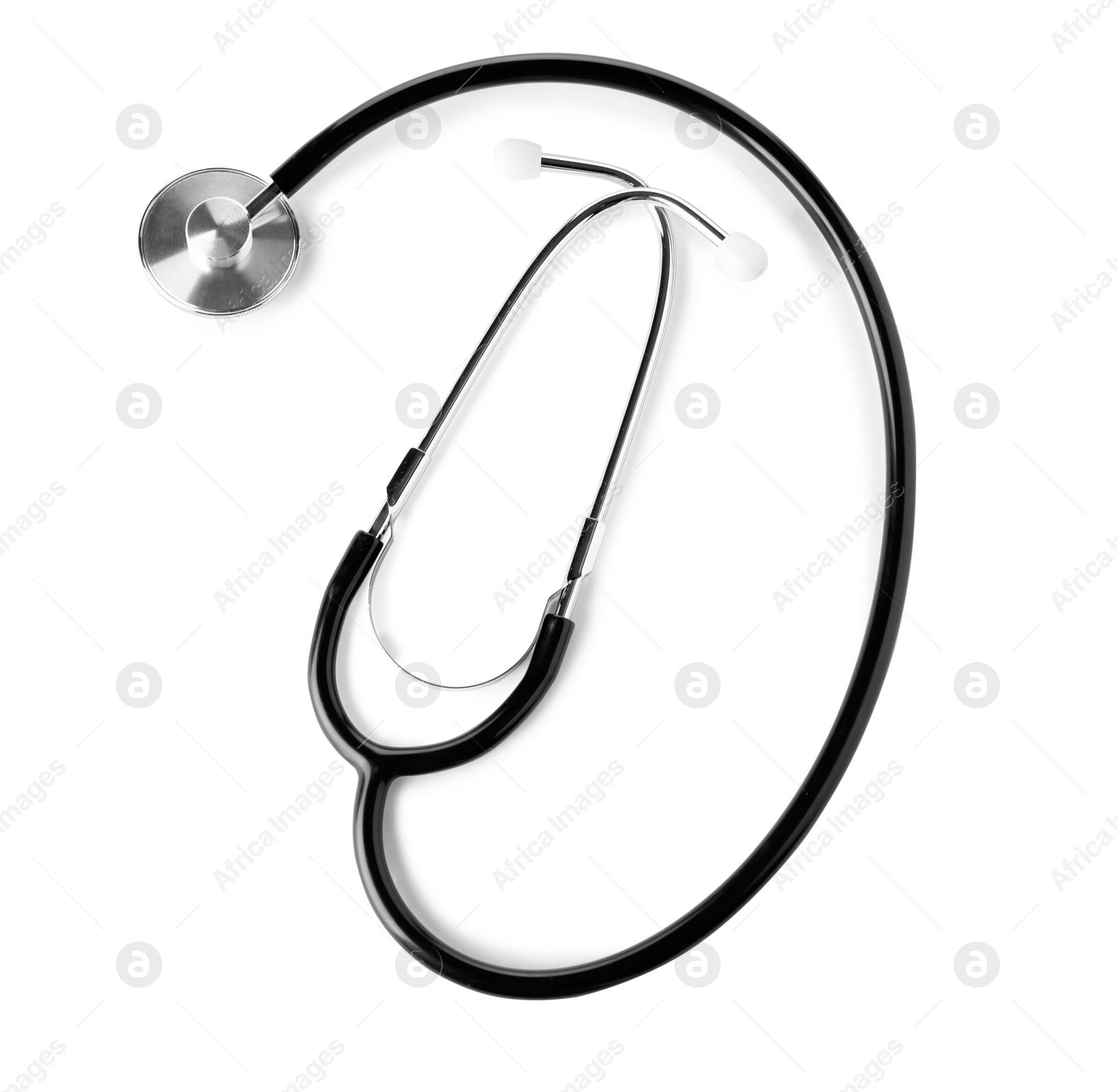 Photo of Stethoscope on white background, top view. Medical device