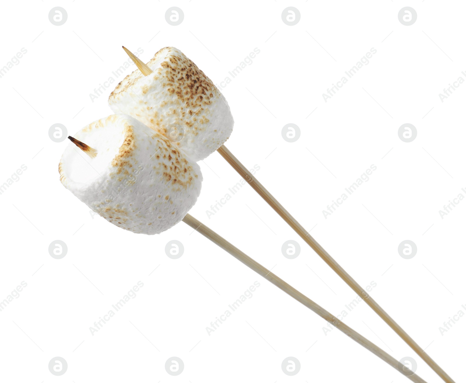 Photo of Sticks with roasted marshmallows on white background