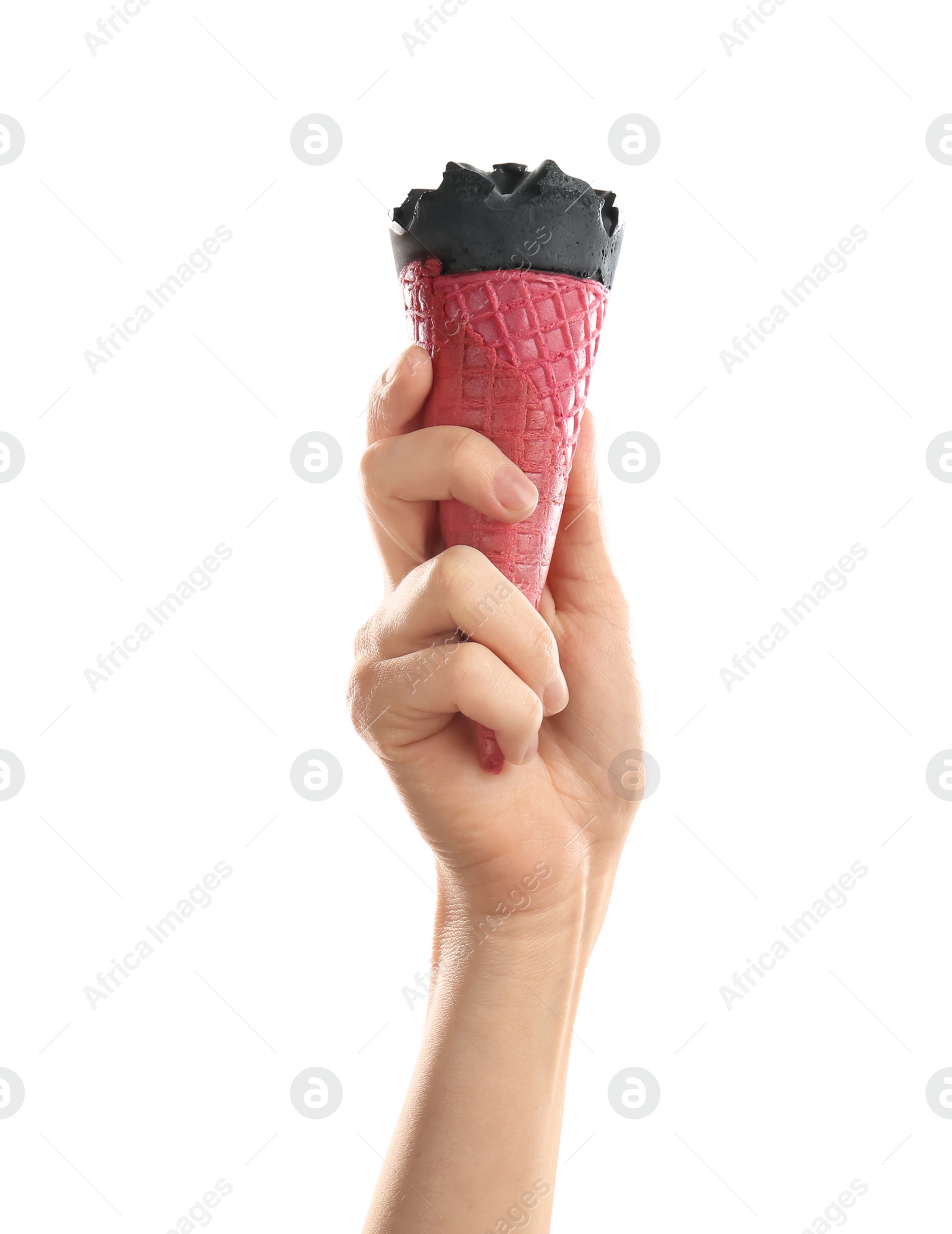 Photo of Woman holding yummy ice cream on white background. Focus on hand