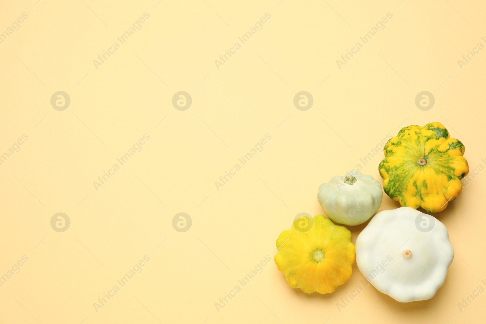 Photo of Fresh ripe pattypan squashes on beige background, flat lay. Space for text