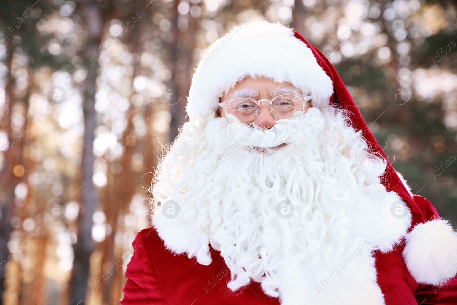 Photo of Happy Authentic Santa Claus outdoors, space for text