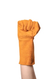 Photo of Man in protective gloves isolated on white, closeup