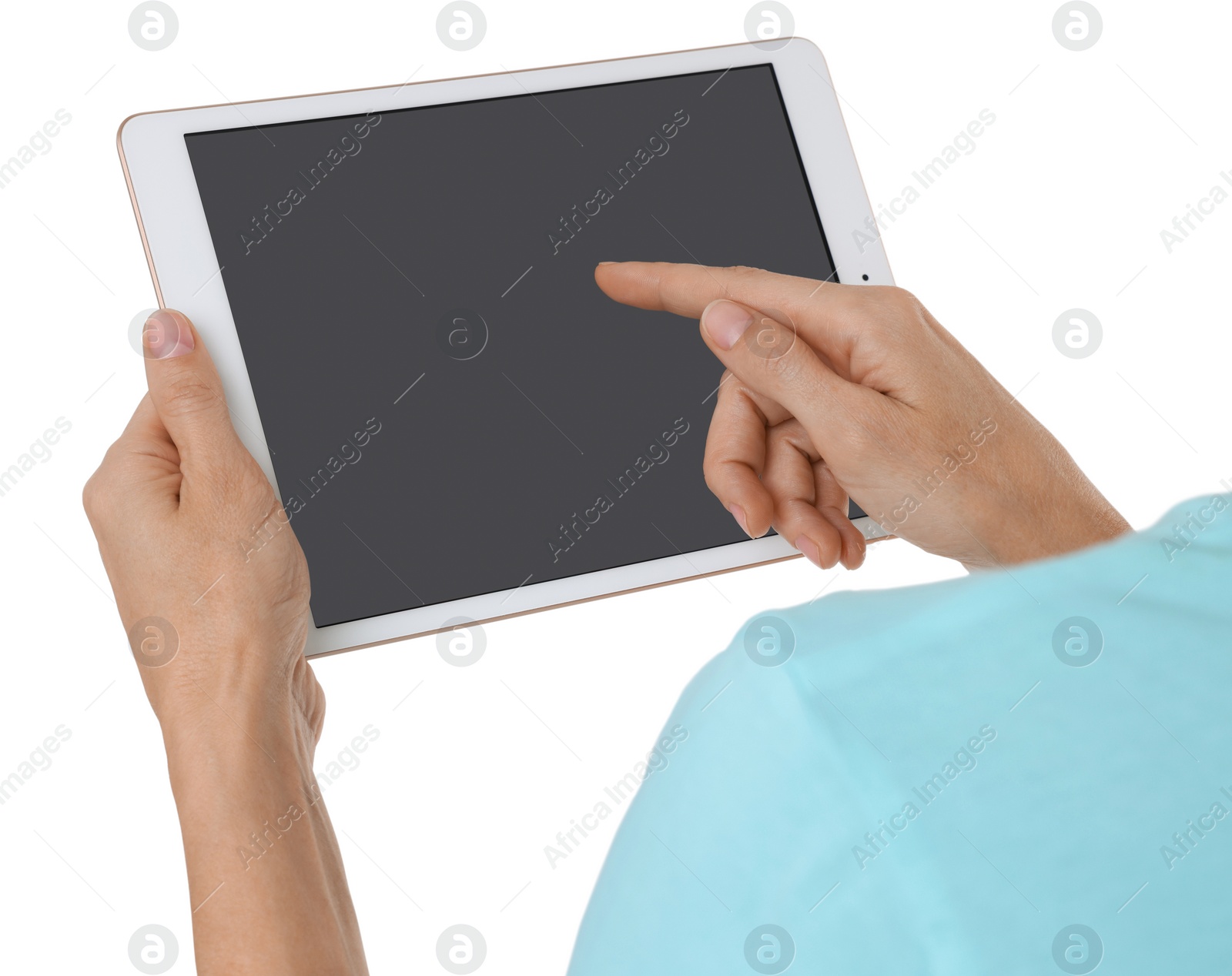 Photo of Woman using tablet with blank screen on white background, closeup. Mockup for design