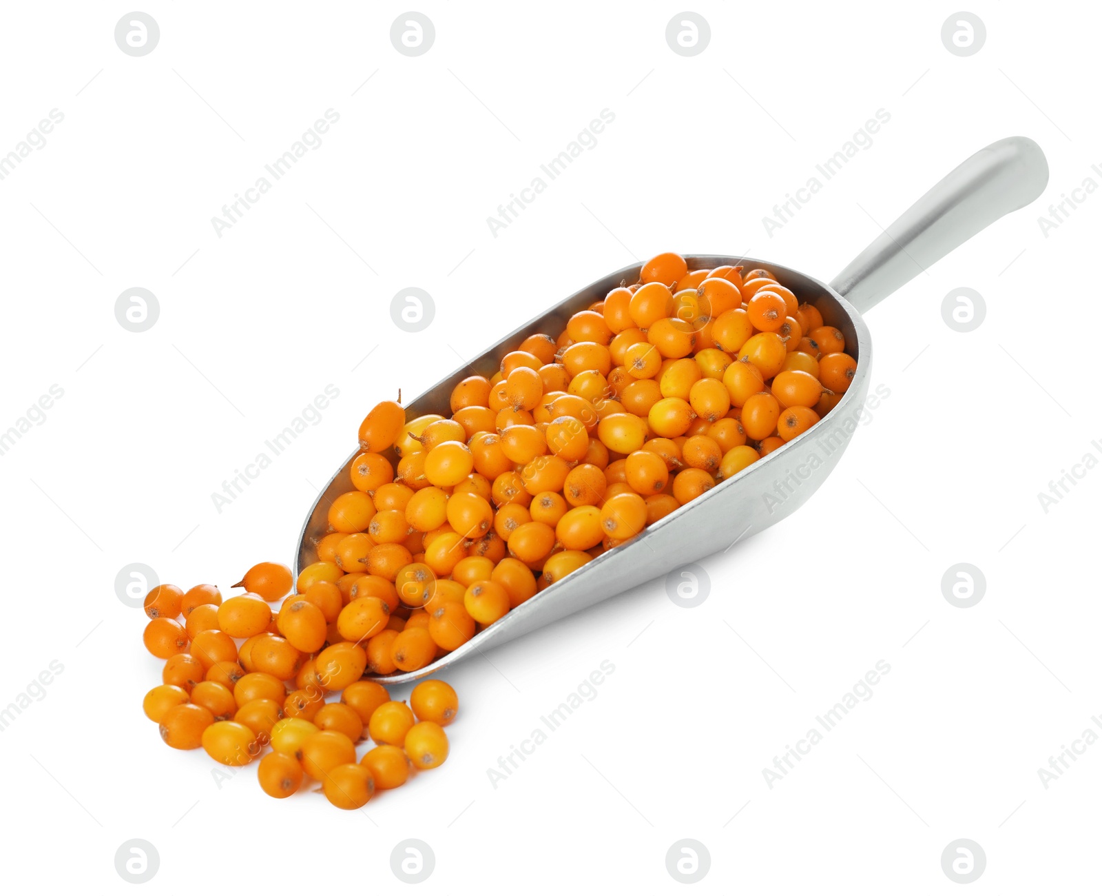 Photo of Scoop with fresh ripe sea buckthorn berries on white background