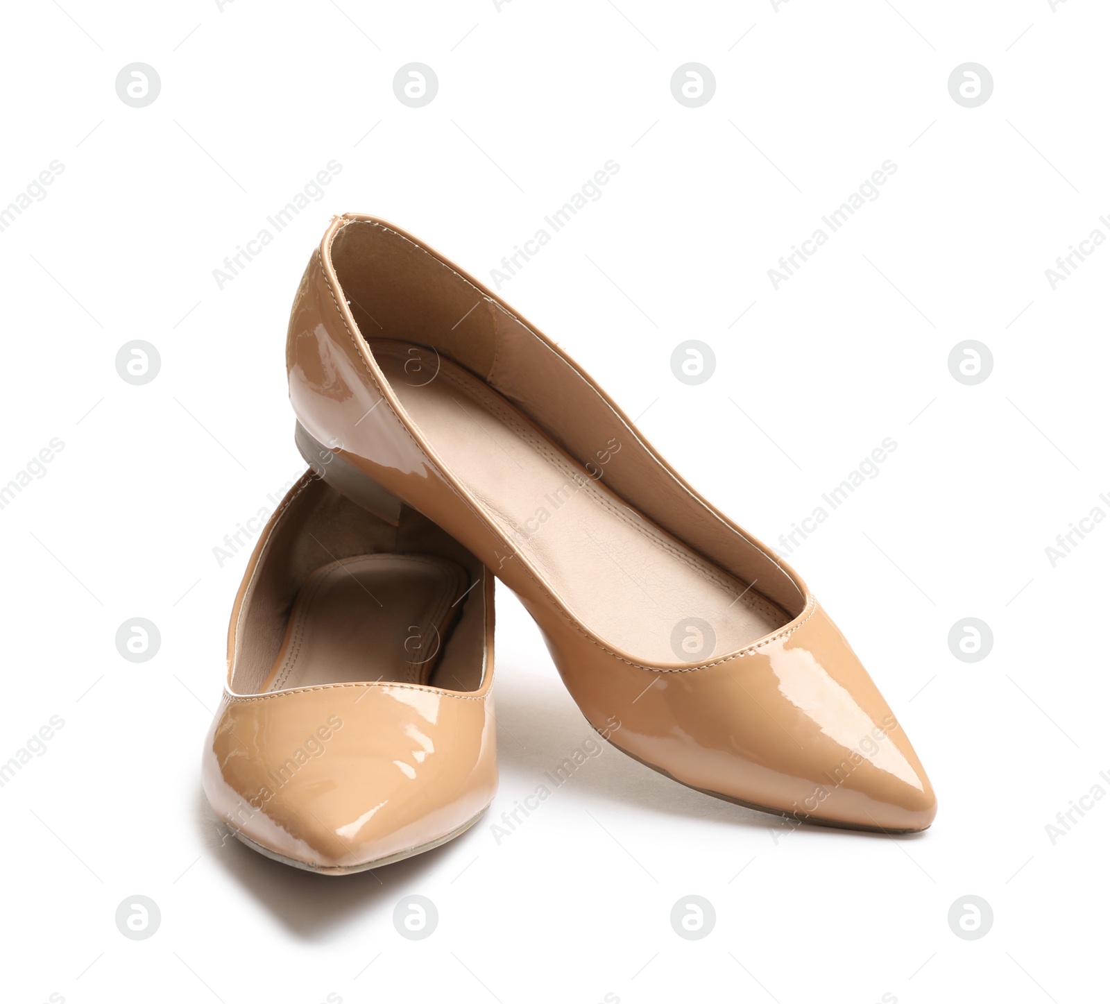 Photo of Stylish female flat shoes on white background