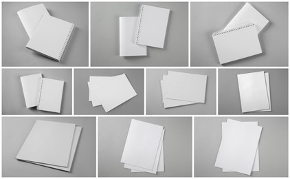 Open blank brochures on grey background, collage