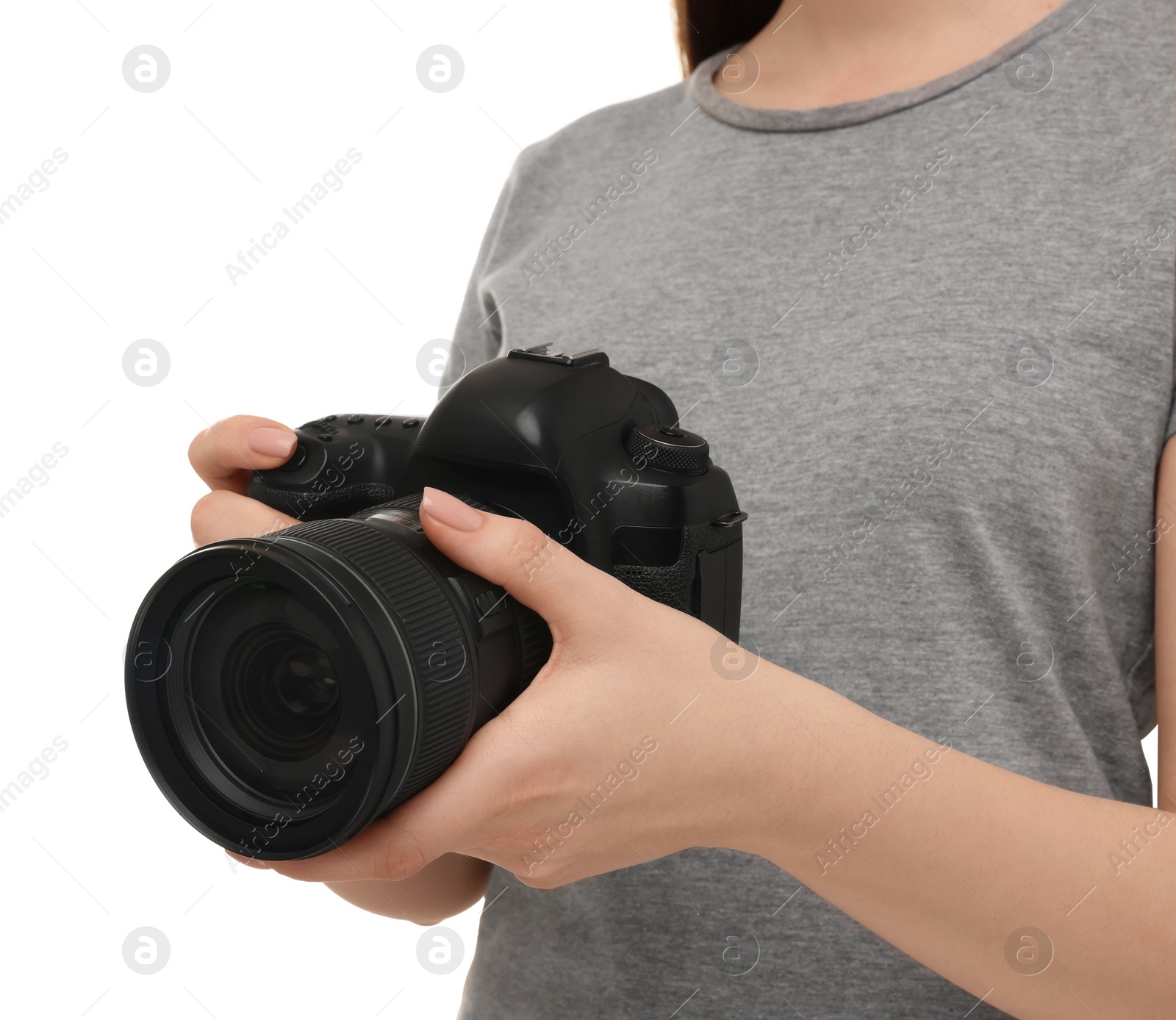 Photo of Photographer with camera on white background, closeup