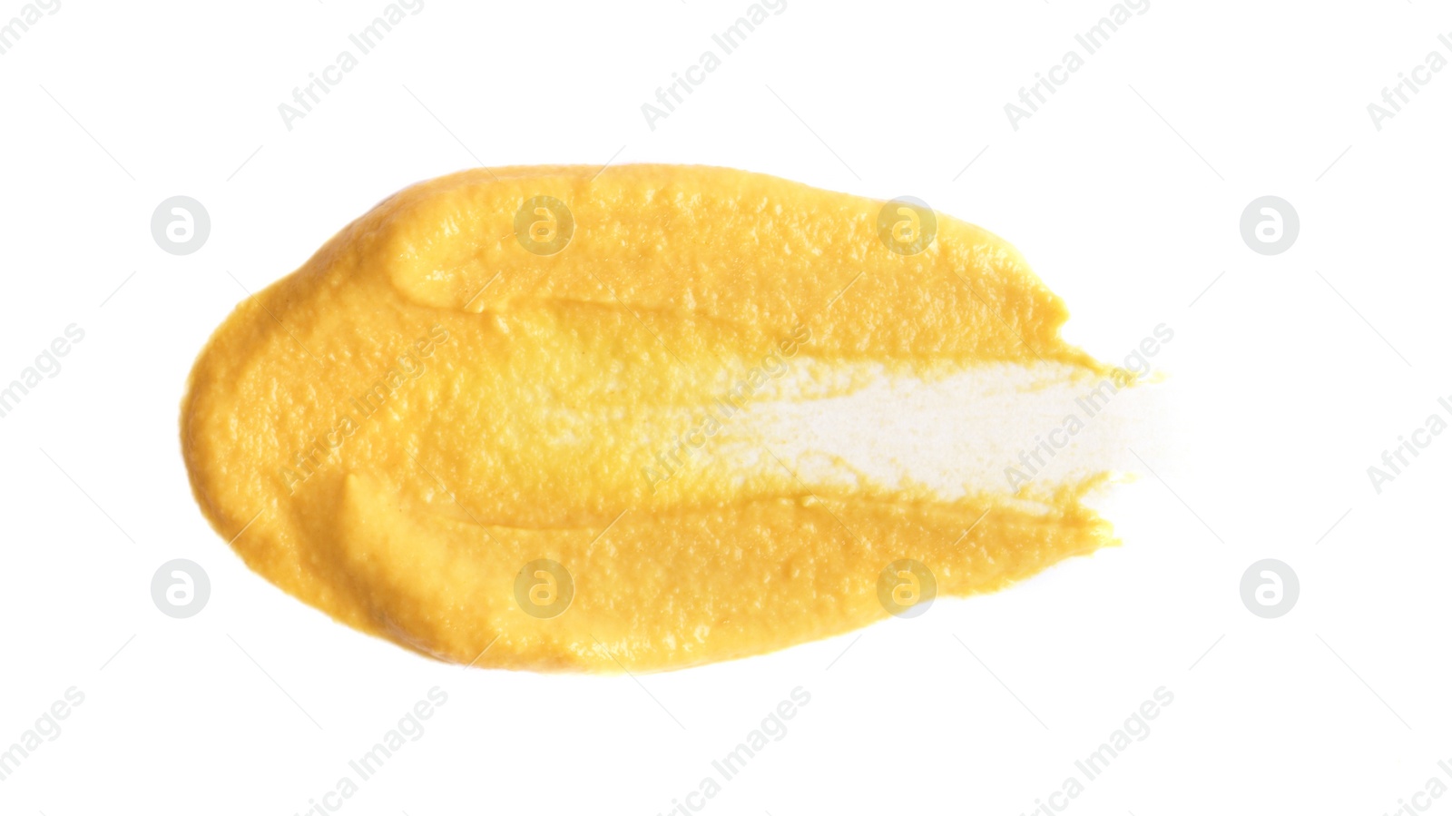 Photo of Smear of delicious mustard isolated on white, top view