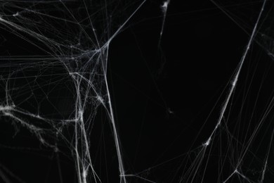 Photo of Creepy white cobweb on black background, closeup