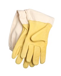 Photo of Modern protective gloves isolated on white. Safety equipment