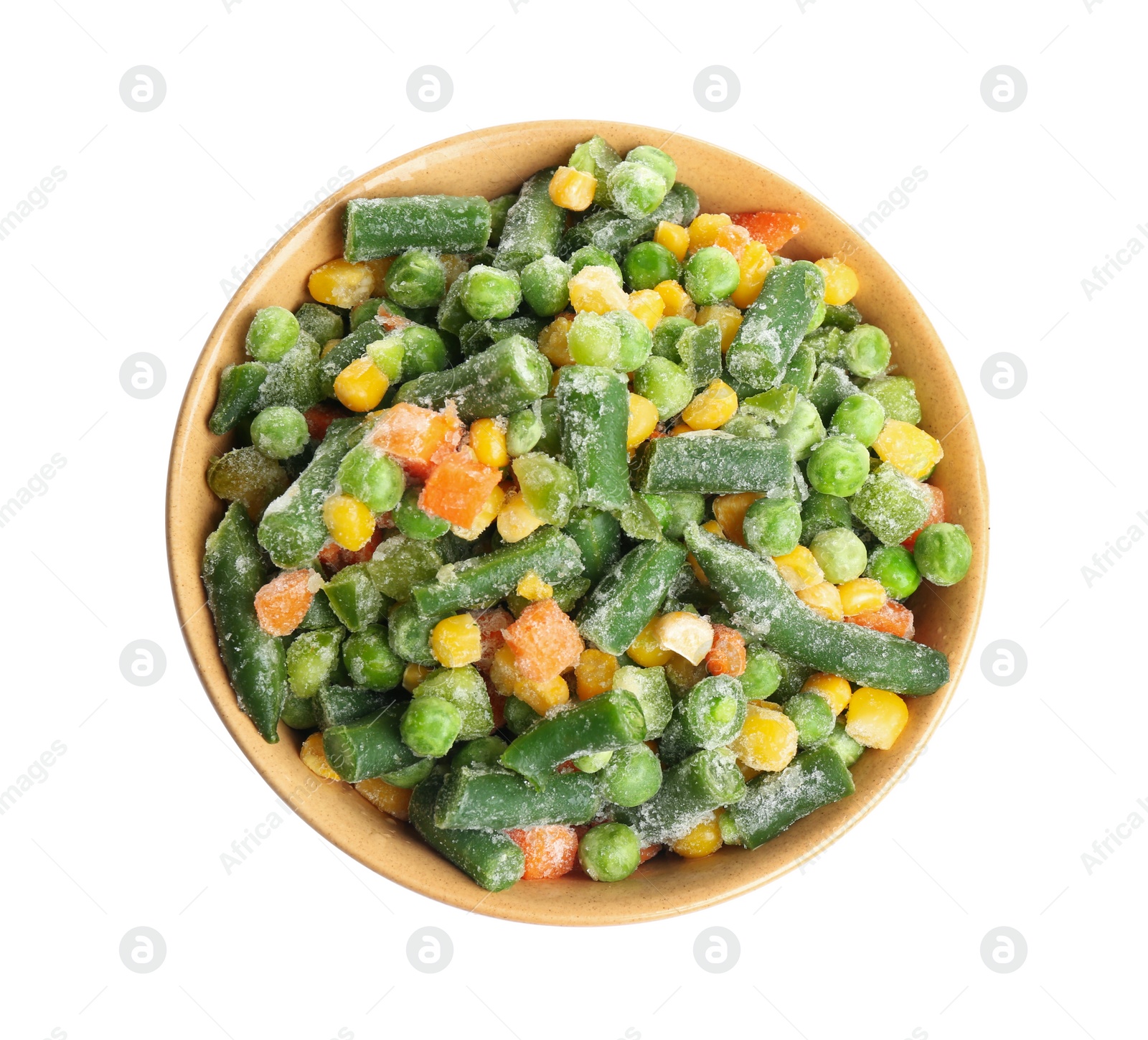 Photo of Frozen vegetables in bowl isolated on white, top view