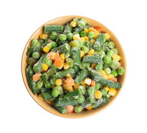 Frozen vegetables in bowl isolated on white, top view