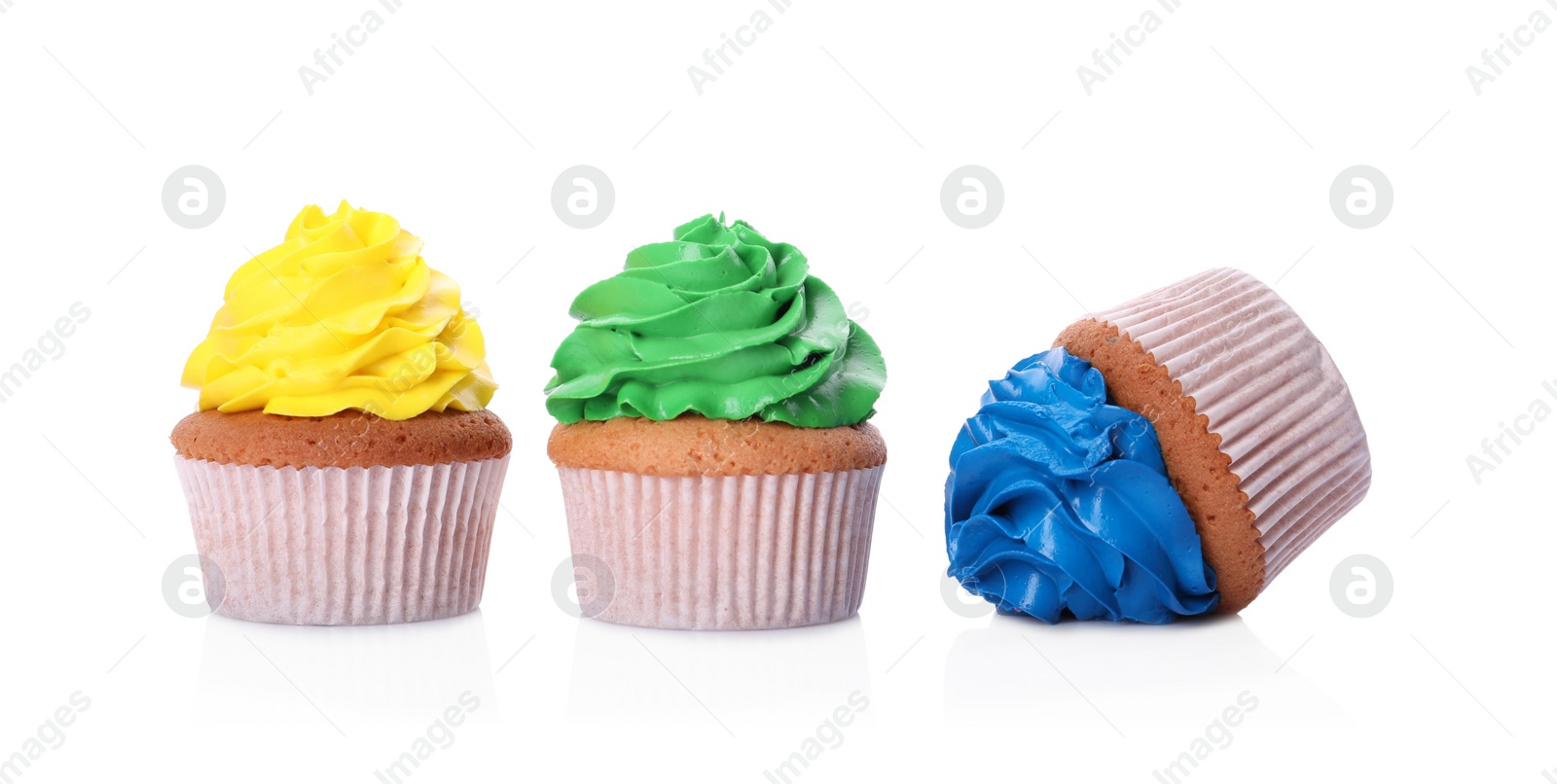 Photo of Dropped cupcake among good ones on white background. Troubles happen