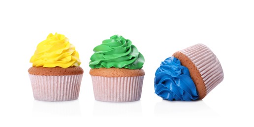 Dropped cupcake among good ones on white background. Troubles happen