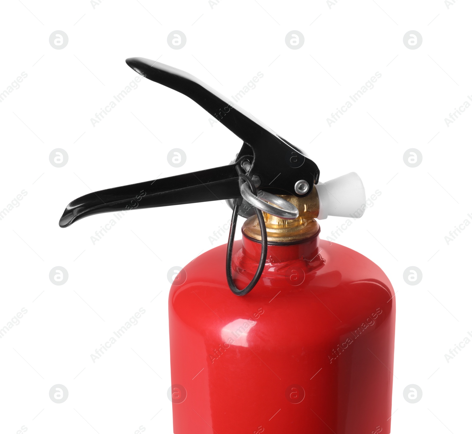 Photo of One red fire extinguisher on white background