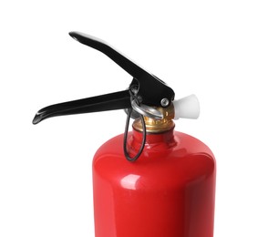 Photo of One red fire extinguisher on white background