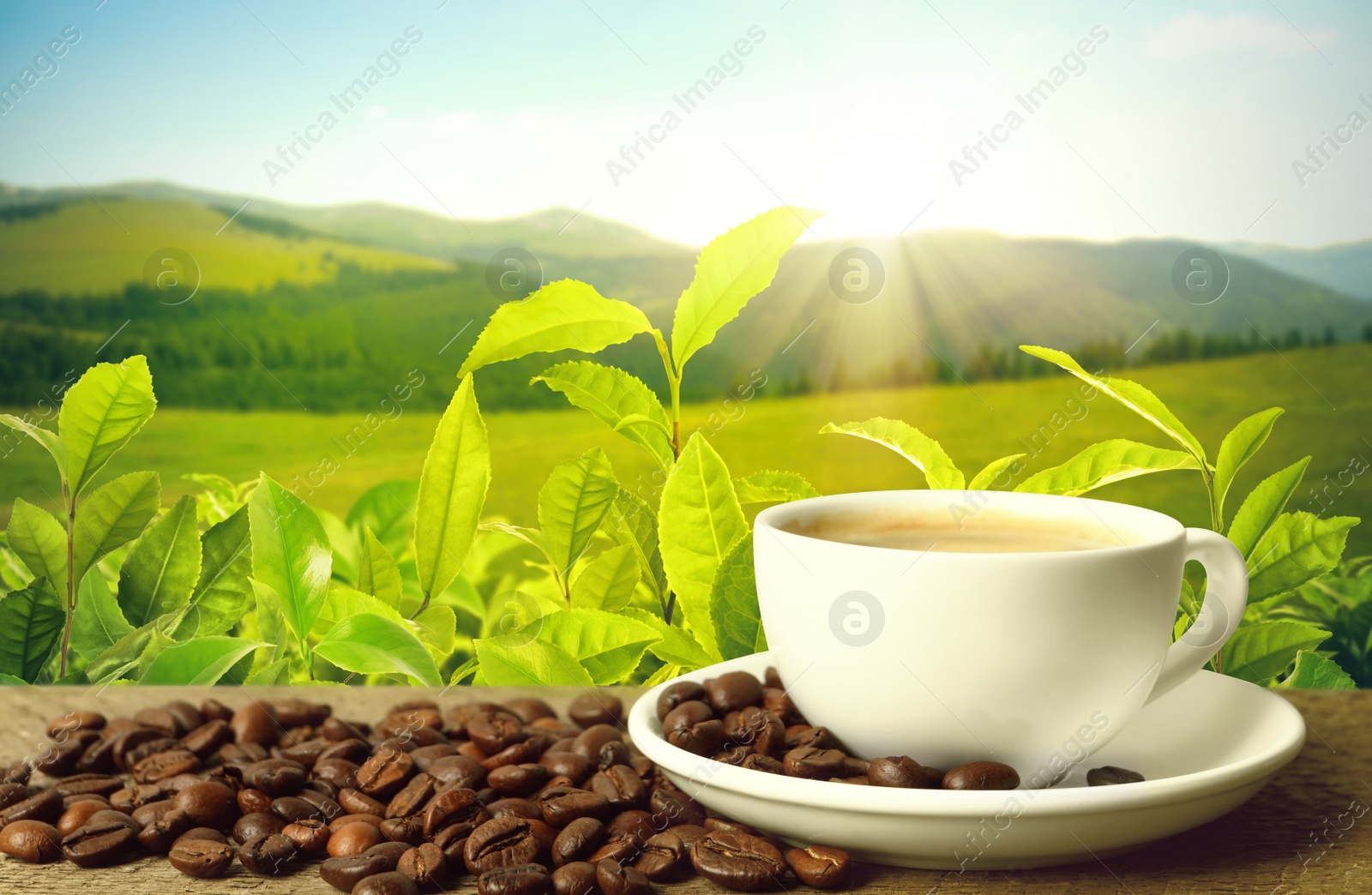 Image of Cup of aromatic hot coffee on wooden table and beautiful view of mountain landscape