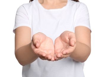 Photo of Woman against white background, closeup on hands