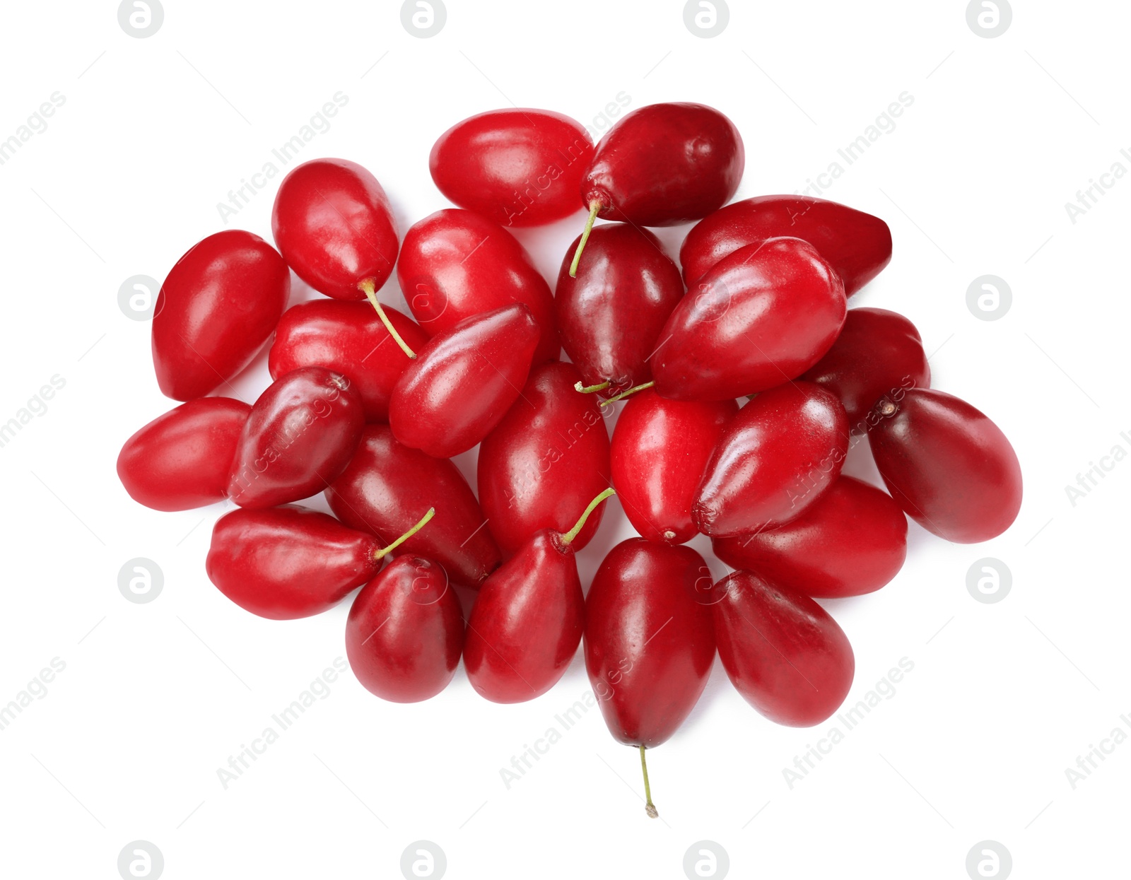 Photo of Pile of fresh ripe dogwood berries on white background, top view