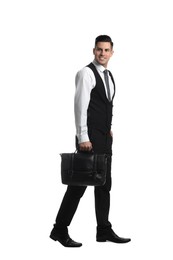 Businessman with stylish leather briefcase on white background