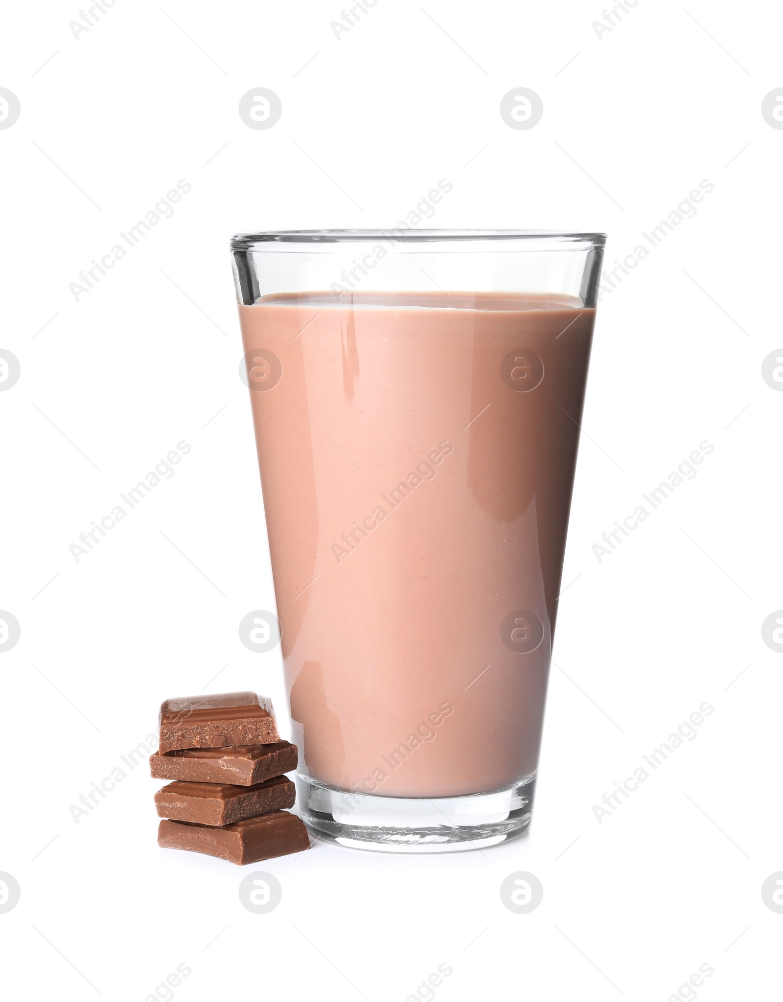 Photo of Glass with tasty chocolate milk on white background. Dairy drink