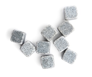 Photo of Whiskey stones on white background, top view