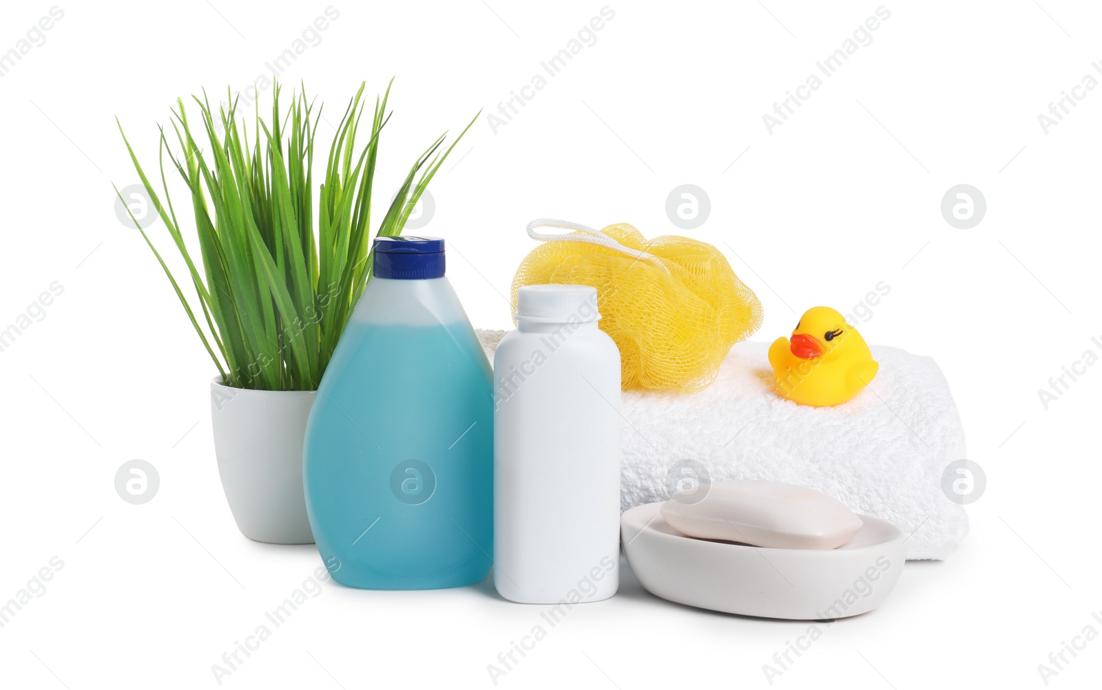 Photo of Baby cosmetic products, bath duck, sponge and towel isolated on white