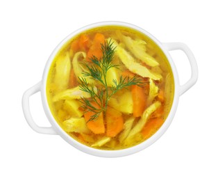 Delicious broth in bowl isolated on white, top view