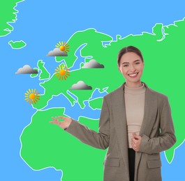 Image of Beautiful woman near virtual screen with map that demonstrating weather forecast in different regions