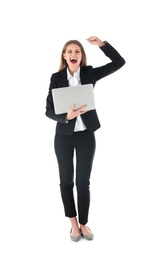 Emotional businesswoman in office wear with laptop celebrating victory on white background