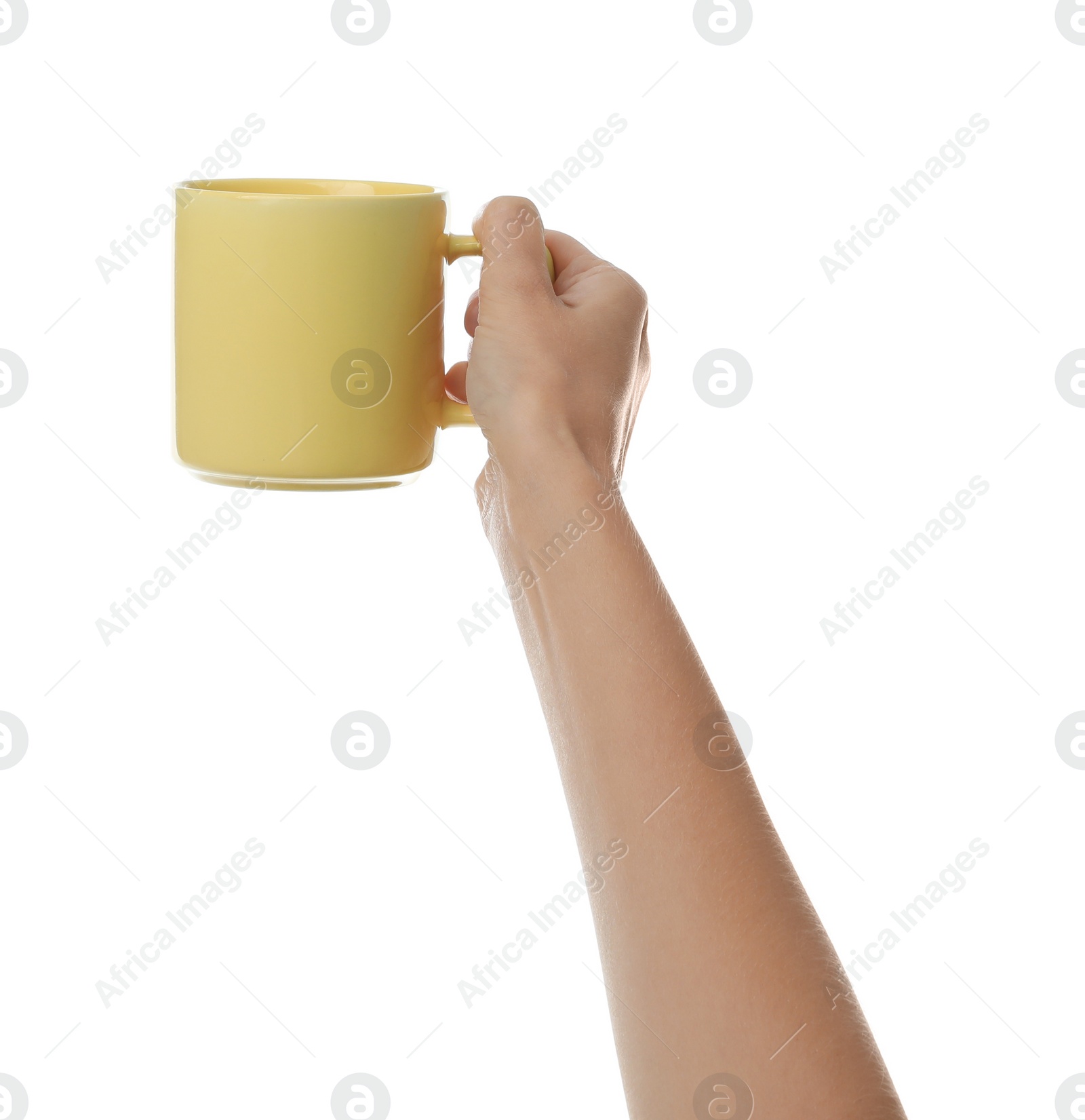 Photo of Woman holding elegant yellow cup on white background, closeup