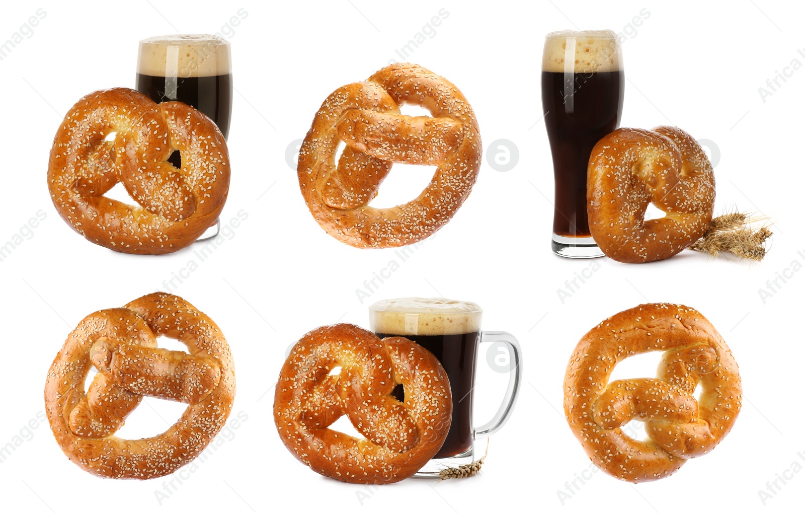 Image of Set with tasty freshly baked pretzels and beer on white background