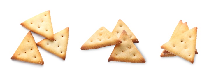 Set of tasty crispy crackers on white background