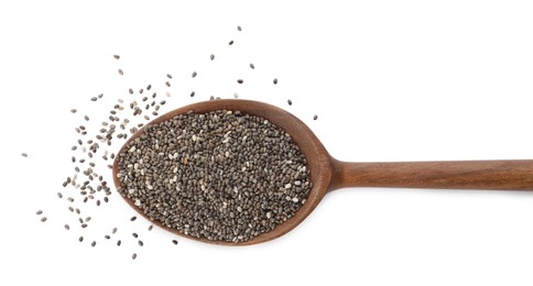 Wooden spoon with chia seeds on white background, top view