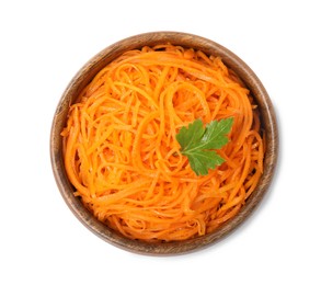 Photo of Delicious Korean carrot salad with parsley in bowl isolated on white, top view