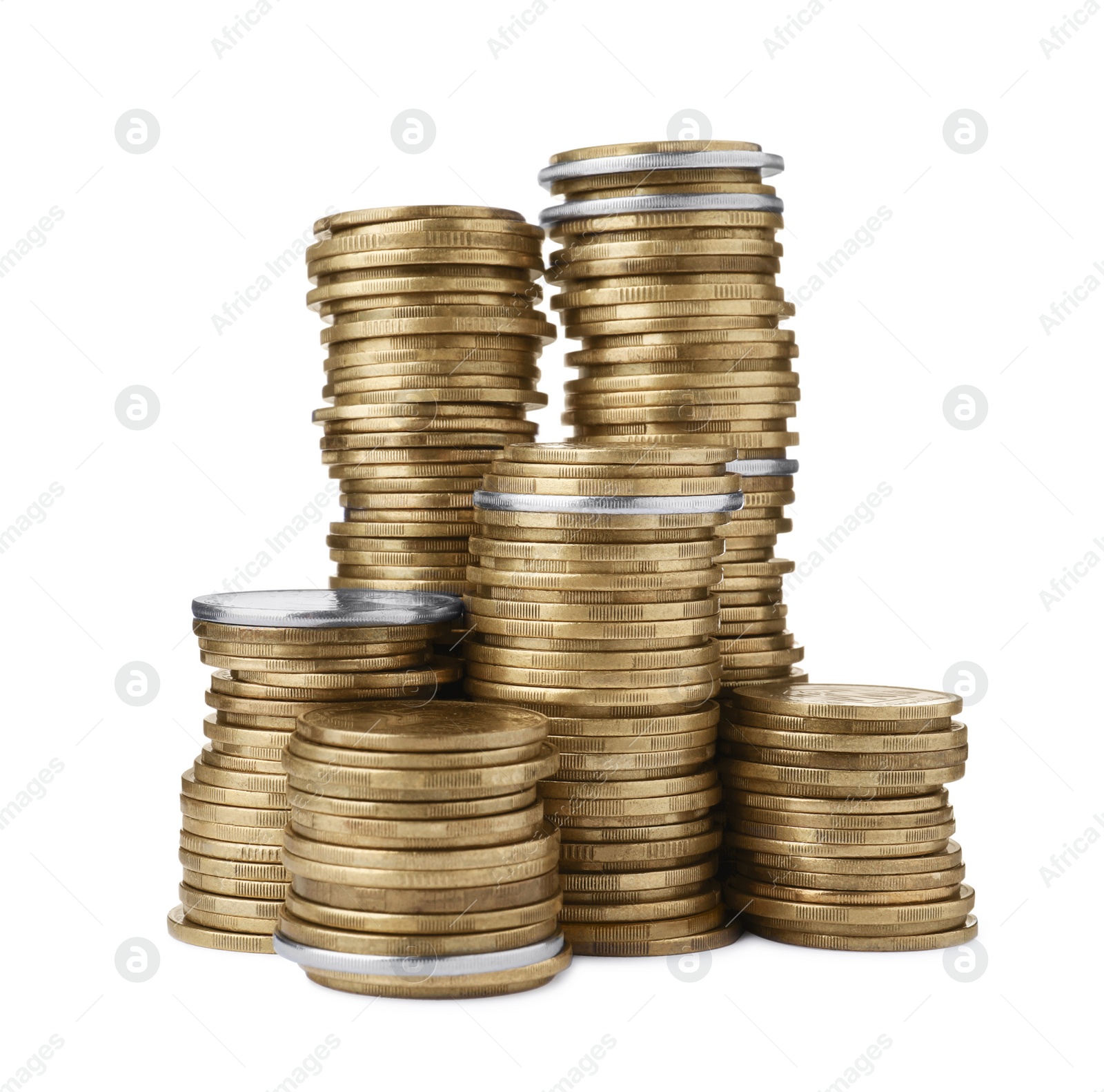 Photo of Many golden coins stacked on white background